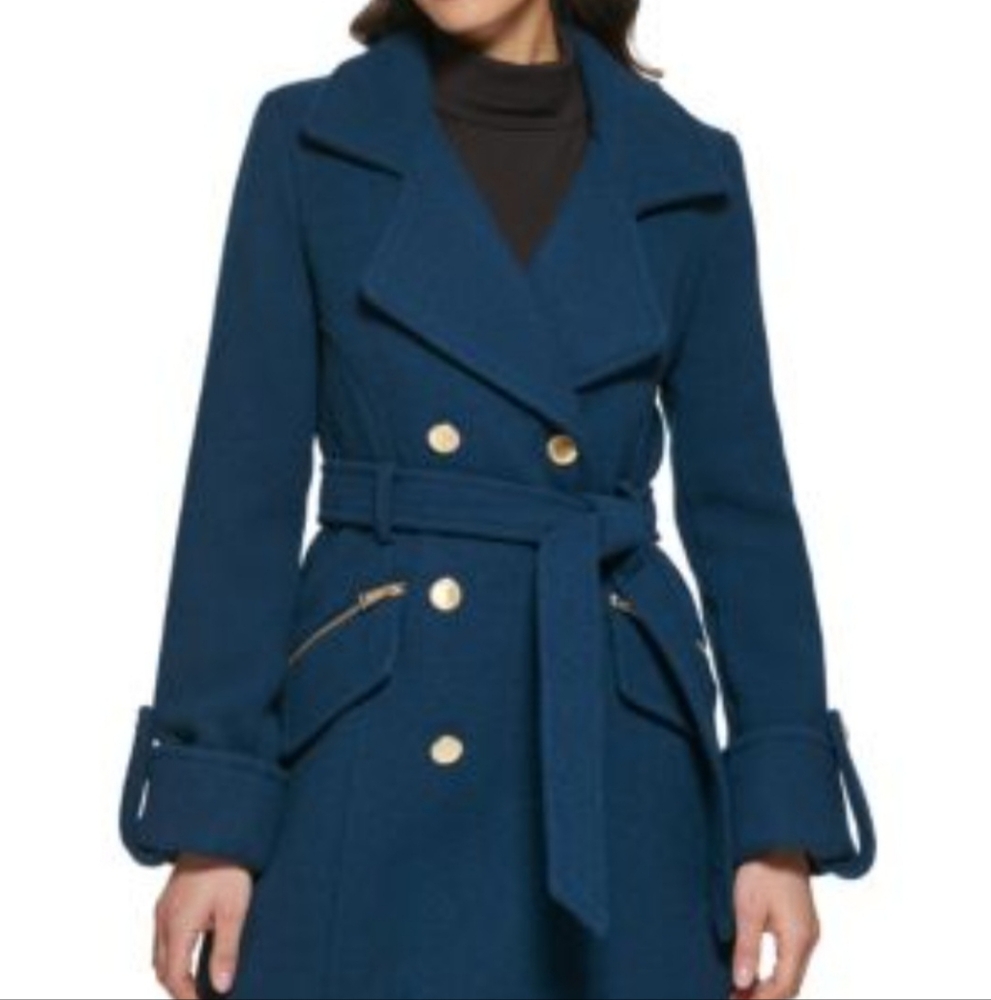 Guess Blue Trench Coat with Belted Waist and Wide Lapel